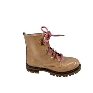 AGL Taupe Patent Leather Combat Boot Pink Velvet Laces Lug Sole 38.5/8 US Italy